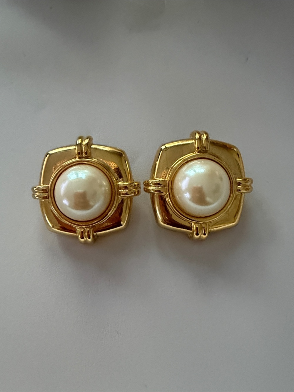 Blanca Line Gold-Tone Pearl Square Frame Clip Earrings